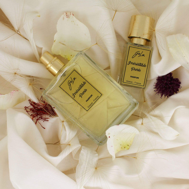 Perfume Irresistible Paris de Giolor en formato de 100 ml y 15 ml junto a Azafran