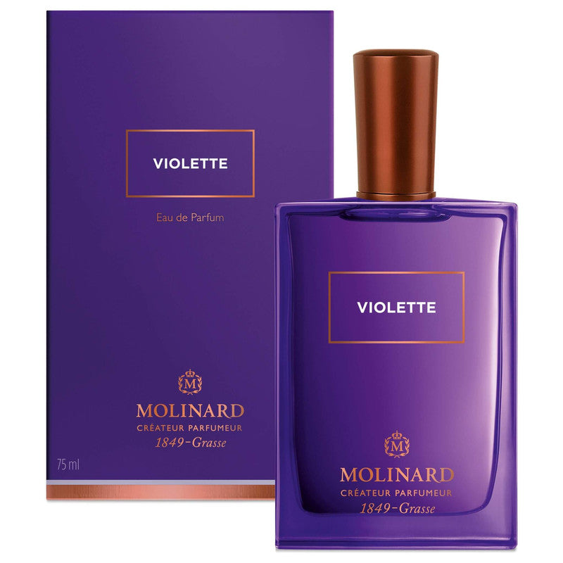 Perfume Violette de Molinard con caja en fondo blanco