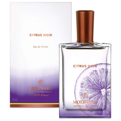 Perfume Citrus Noir de Molinard con caja en fondo blanco