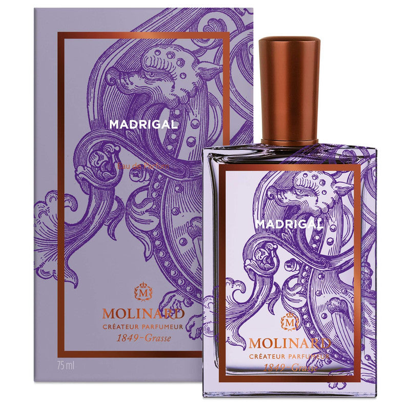 Perfume Madrigal de Molinard con caja en fondo blanco