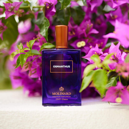 Perfume Osmanthus de Galimard con fondo de flores violeta