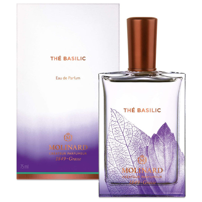 Perfume Thé Basilic de Molinard con caja en fondo blanco