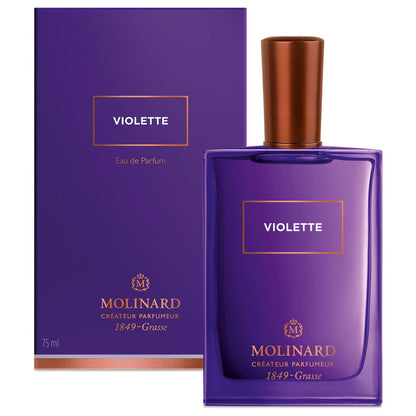 Perfume Violette de Molinard con caja en fondo blanco